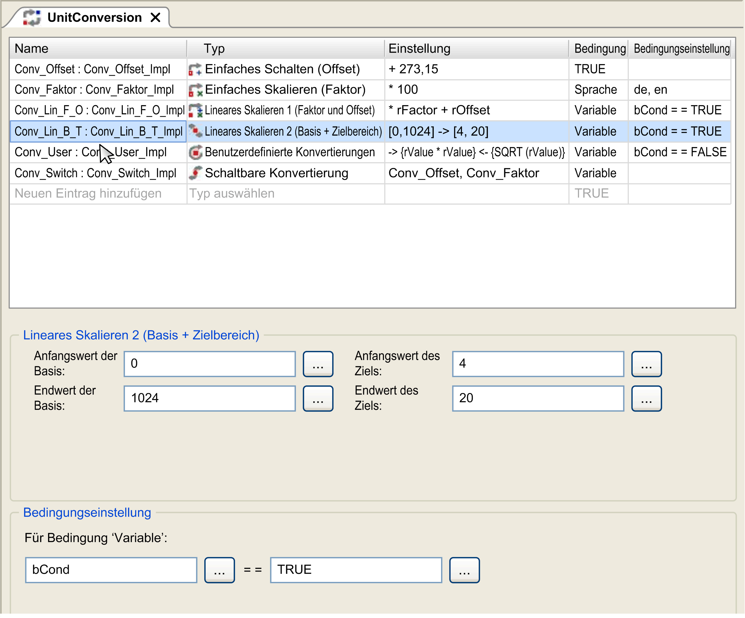 Konfiguration der Einheitenkonvertierung